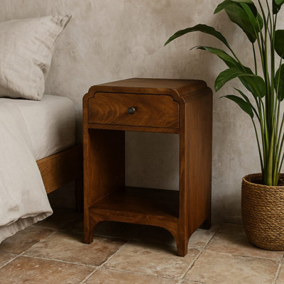 Paris Mango Wood Bedside Table with Drawer and Open Shelf, Chestnut Finish