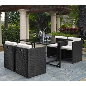 Paris Outdoor 4 Seater Black Rattan Garden Dining Compact Cube Set With Square Dining Black Tempered Glass