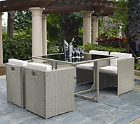 Paris Outdoor 4 Seater Light Grey Rattan Garden Dining Compact Cube Set With Square Dining Black Tempered Glass