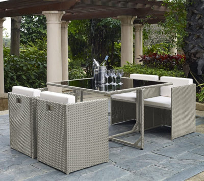 Paris Outdoor Seater Light Grey Rattan Garden Dining Compact Cube Set  With Square Dining Black Tempered Glass DIY at BQ