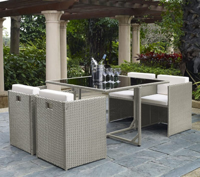 Paris Outdoor 4 Seater Light Grey Rattan Garden Dining Compact Cube Set With Square Dining Black Tempered Glass