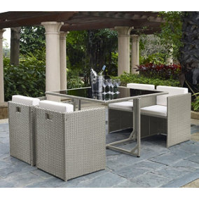 Paris Outdoor 4 Seater Light Grey Rattan Garden Dining Compact Cube Set With Square Dining Black Tempered Glass