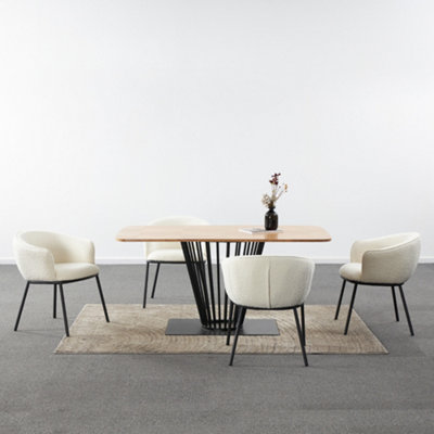 Paris  Rectangular Oak Veneer Wooden Table with 4 pcs of White Boucle padded Chairs, Table with chairs set, Dining solution