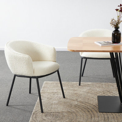 Paris  Rectangular Oak Veneer Wooden Table with 4 pcs of White Boucle padded Chairs, Table with chairs set, Dining solution