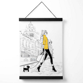 Paris Street Girl with Dog Style and Fashion Sketch Medium Poster with Black Hanger