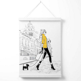 Paris Street Girl with Dog Style and Fashion Sketch Poster with Hanger / 33cm / White