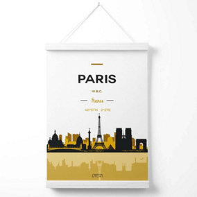 Paris Yellow and Black City Skyline Poster with Hanger / 33cm / White