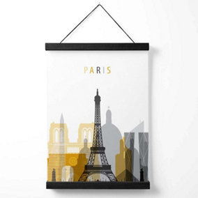 Paris Yellow and Grey City Skyline Medium Poster with Black Hanger