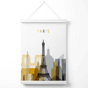 Paris Yellow and Grey City Skyline Poster with Hanger / 33cm / White
