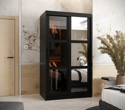 Parma II Sliding Door Wardrobe (H2000mm W1000mm D620mm) with Shelves - Black Matt