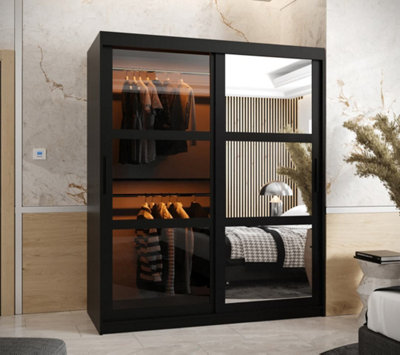 Parma II Sliding Door Wardrobe (H2000mm W1500mm D620mm) with Shelves -Black Matt