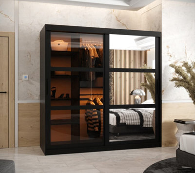 Parma II Sliding Door Wardrobe (H2000mm W1800mm D620mm) with Shelves -Black Matt