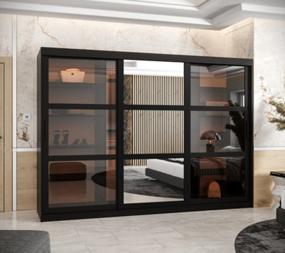 Parma II Sliding Door Wardrobe (H2000mm W2500mm D620mm) with Shelves -Black Matt