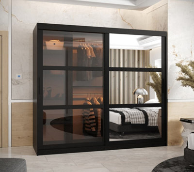 Parma III Mirrored and Smoked Glass Sliding Door Wardrobe (H2000mm W2000mm D620mm) with Shelves -Black Matt