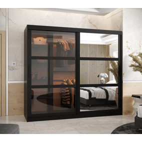 Parma III Mirrored and Smoked Glass Sliding Door Wardrobe (H2000mm W2000mm D620mm) with Shelves -Black Matt