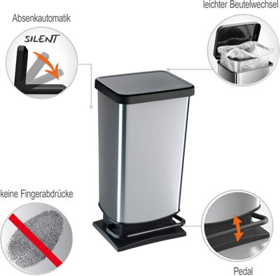 Paso Trash Can 40L with Lid and Pedal, Rotho Plastic Waste Bin, Silver Metallic