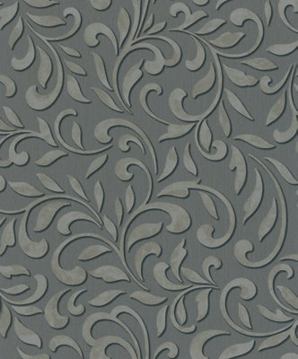 Paste the Wall Anthracite and Silver Damask Wallpaper