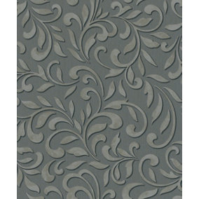 Paste the Wall Anthracite and Silver Damask Wallpaper
