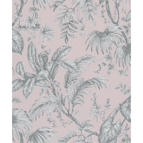 Paste the Wall Soft Pink and Silver Botanical Wallpaper