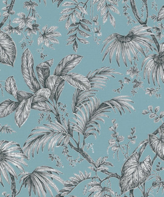 Paste the Wall Soft Teal and Black Botanical Wallpaper DIY at B&Q