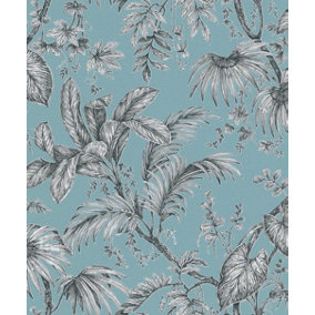 Paste the Wall Soft Teal and Black Botanical Wallpaper