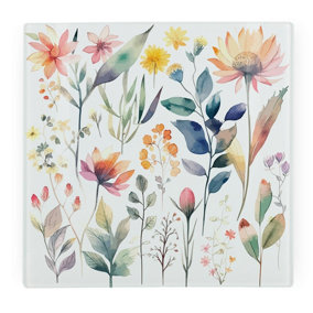 Pastel Flowers Square Glass Worktop Protector - Smooth Board Kitchen Chopping Board with Non-Slip Feet