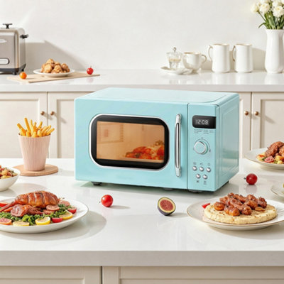 Pastel Green 20L Small Retro Microwave with 8 Preset Functions and LED Display