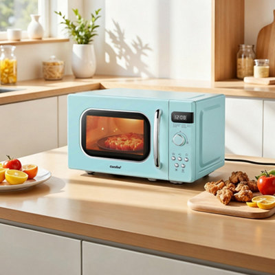 Pastel Green 20L Small Retro Microwave with 8 Preset Functions and LED Display