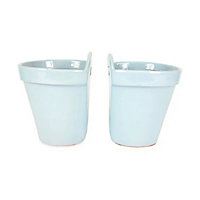 Pastel Hand Dipped Blue Set of 2 Terracotta Outdoor Hanging Flower Plant Pots 19cm