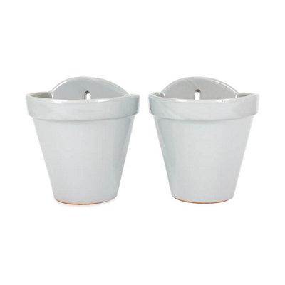 Pastel Hand Dipped Grey Set of 2 Terracotta Outdoor Hanging Flower Plant Pots 21.5cm