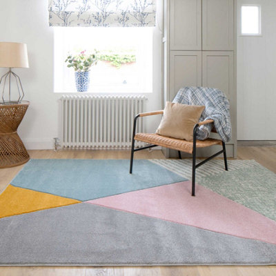 Pastel Multicolour Block Geometric Living Area Rug 60x110cm