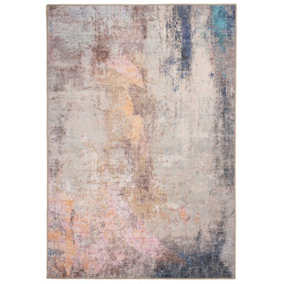 Pastel Multicolour Distressed Abstract Washable Non Slip Rug 200x290cm
