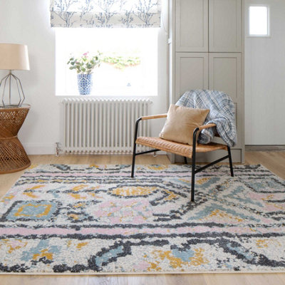 Pastel Multicolour Distressed Tribal Living Area Rug 60x110cm