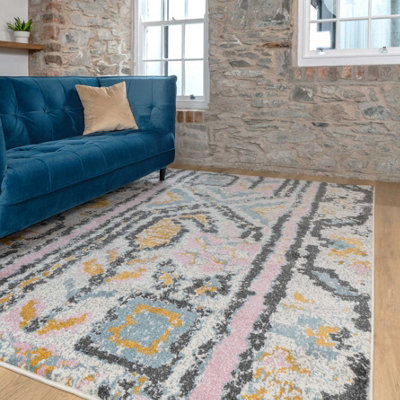 Pastel Multicolour Distressed Tribal Living Area Rug 60x110cm