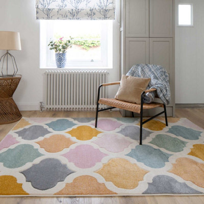 Pastel Multicolour Modern Trellis Living Area Rug 60x110cm | DIY at B&Q