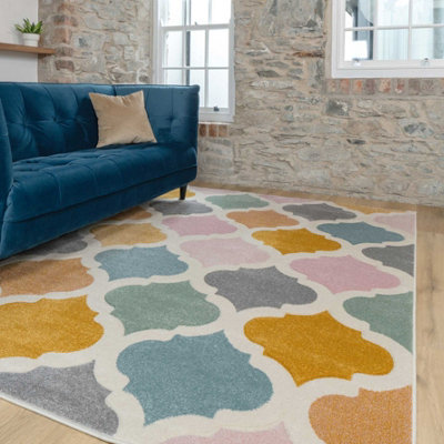 Pastel Multicolour Modern Trellis Living Area Rug 60x110cm