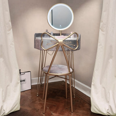 Pastel Paradise Dove Grey Velvet Dressing Table with LED Touch Sensor Mirror