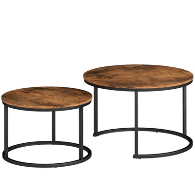 Pasu Set of 2 Round Nesting Coffee Tables - Rustic Brown Tabletops with Black Metal Frames