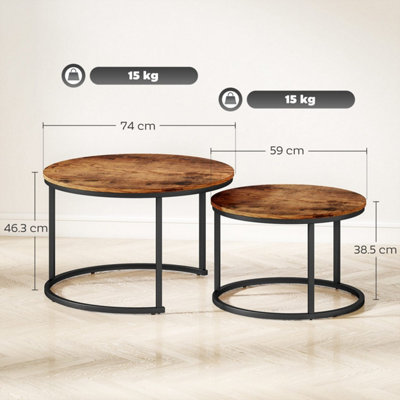 Pasu Set of 2 Round Nesting Coffee Tables - Rustic Brown Tabletops with Black Metal Frames