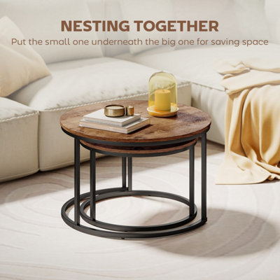 Pasu Set of 2 Round Nesting Coffee Tables - Rustic Brown Tabletops with Black Metal Frames
