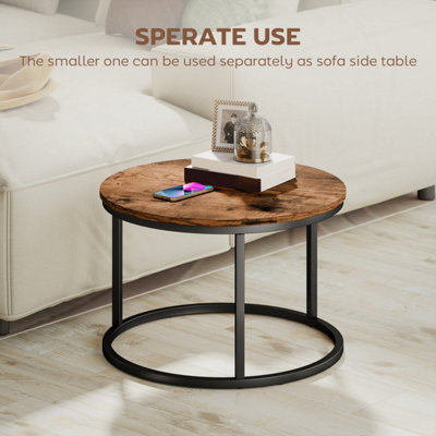 Pasu Set of 2 Round Nesting Coffee Tables - Rustic Brown Tabletops with Black Metal Frames