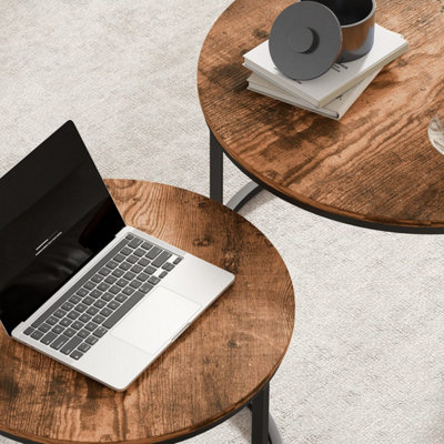 Pasu Set of 2 Round Nesting Coffee Tables - Rustic Brown Tabletops with Black Metal Frames