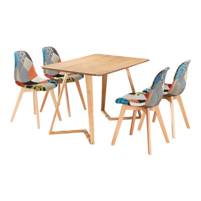 Patchwork Dallas Dining Room Table Set for 4, an Oak Dining Table & Set of 4 Multicolor Dining Chairs Fabric Dining Set for 4