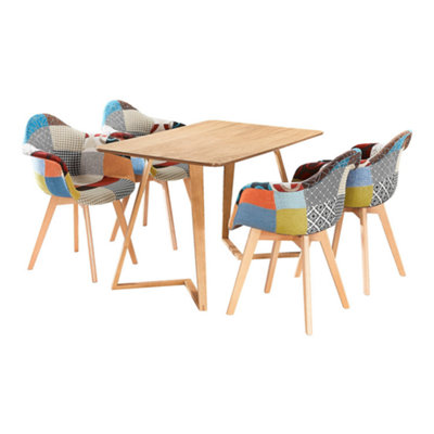Patchwork Dallas Dining Set for 4, an Oak Dining Table & Set of 4 Multicolor Dining Chairs Fabric, Dining Table Set, Dining Room