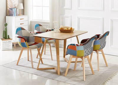 Patchwork Dallas Dining Set for 4, an Oak Dining Table & Set of 4 Multicolor Dining Chairs Fabric, Dining Table Set, Dining Room