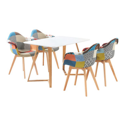 Patchwork Dallas Dining Set Includes a White Dining Table & Set of 4 Multicolour Fabric Tub Chairs