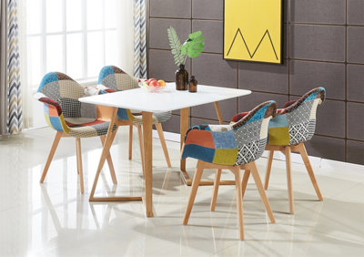 Patchwork Dallas Dining Set Includes a White Dining Table & Set of 4 Multicolour Fabric Tub Chairs
