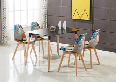 Patchwork Halo Dining Set Includes a Black Dining Table & Set of 4 Multicolour Fabric Chairs