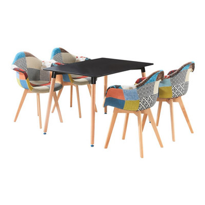 Patchwork Halo Dining Set Includes a Black Dining Table & Set of 4 Multicolour Fabric Tub Chairs
