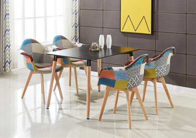 Patchwork Halo Dining Set Includes a Black Dining Table & Set of 4 Multicolour Fabric Tub Chairs